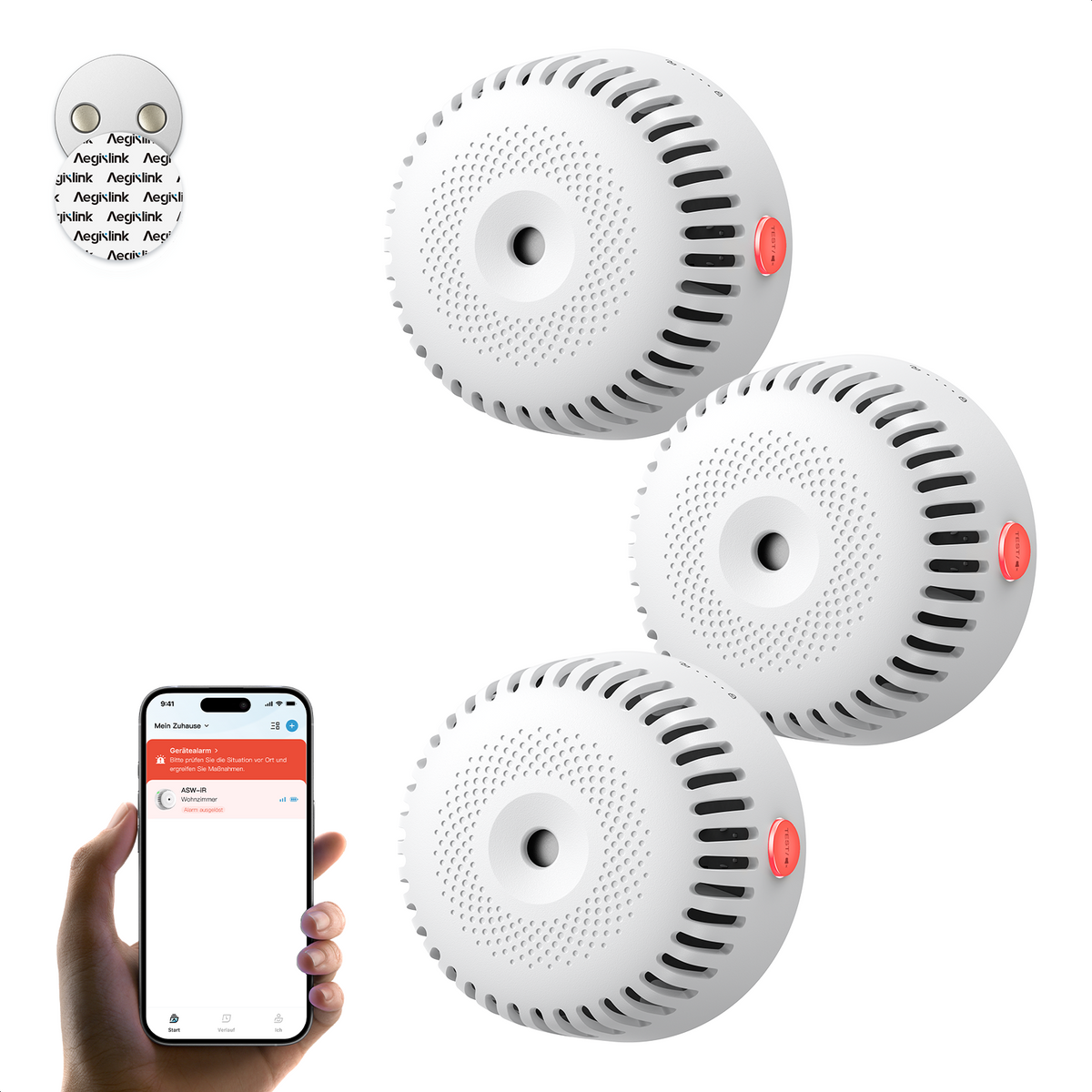 AEGISLINK Smarter Rauchmelder mit Magnethalterung und ohne blinkende LED, 85 dB, Mini-Design, Echtzeit-Benachrichtigungen, Freigabefunktion, ASW-iR, 1 Set