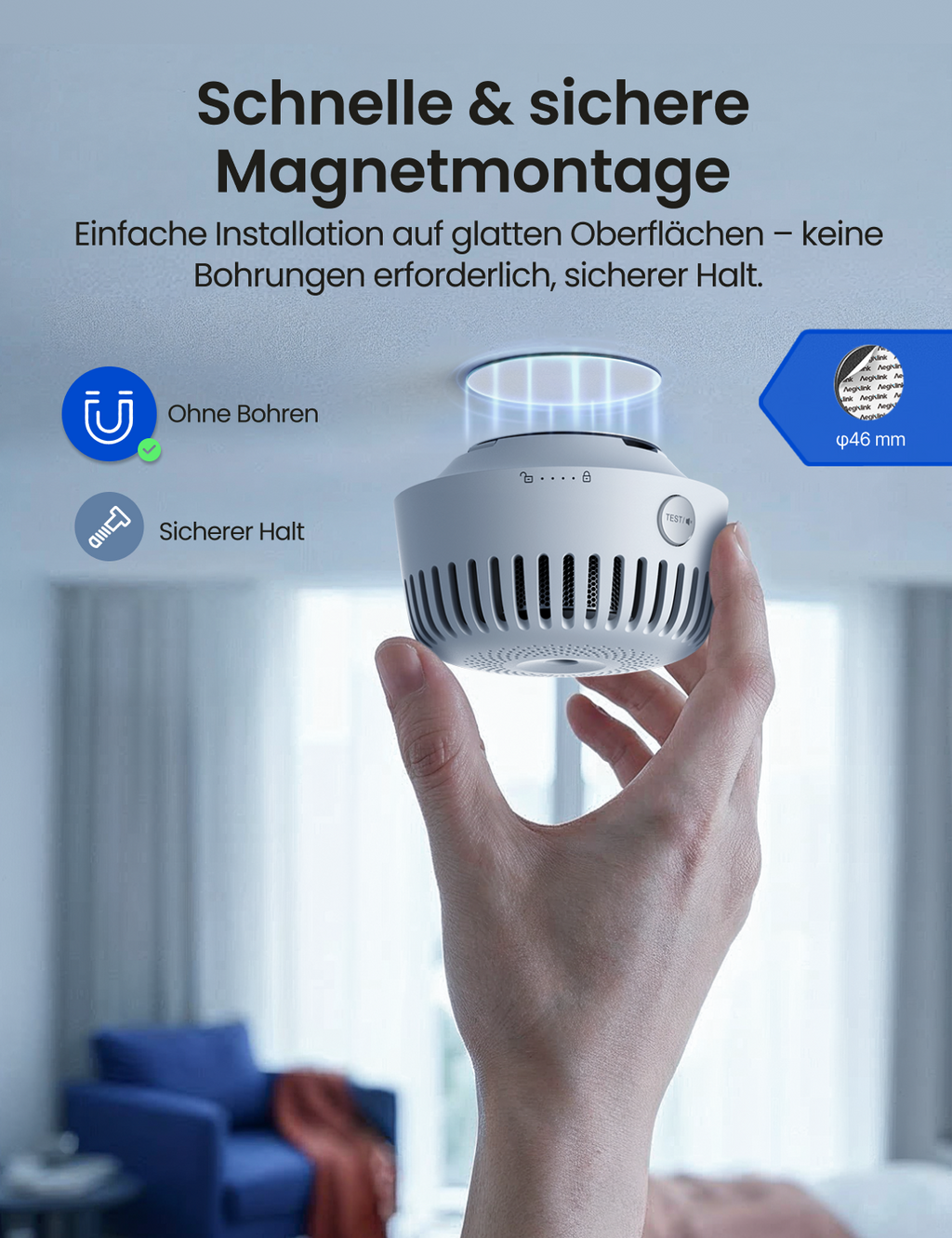 AEGISLINK Smart Rauchmelder mit Basisstation, Feuermelder mit Magnethalterung, Mini-Design mit 360°-Raucheinlass, Nachtmodus, App-Benachrichtigungen & Freigabefunktion, ASW-MR31