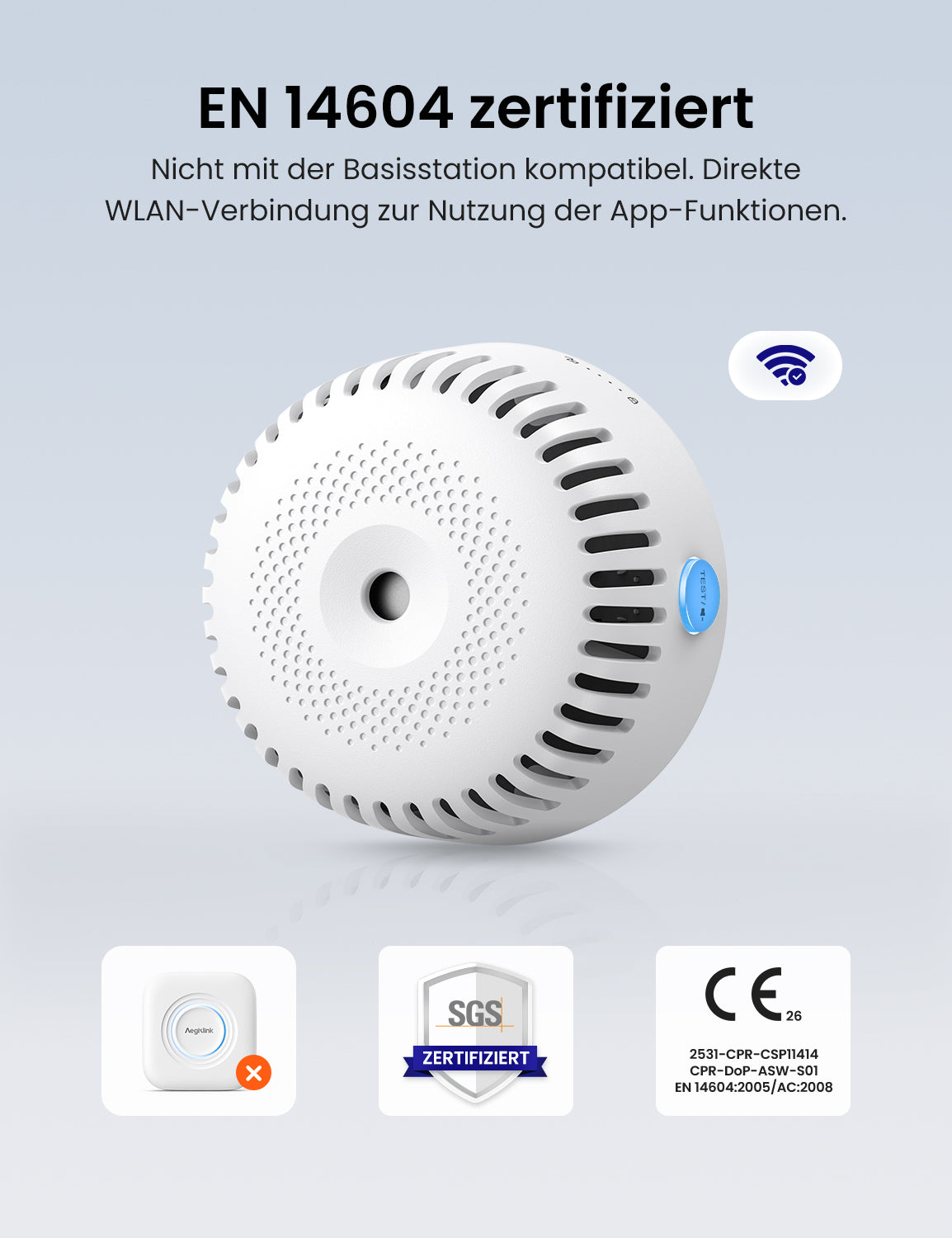 AEGISLINK Smarter Rauchmelder mit Magnethalterung und ohne blinkende LED, 85 dB, Mini-Design, Echtzeit-Benachrichtigungen, Freigabefunktion, ASW-iR, 1 Set