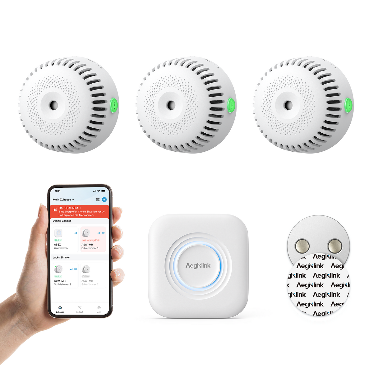 AEGISLINK Smarter Rauchmelder mit Basisstation, Feuermelder mit Magnethalterung, Mini-Design mit 360°-Raucheinlass, Nachtmodus, App-Benachrichtigungen & Freigabefunktion, ASW-MR31