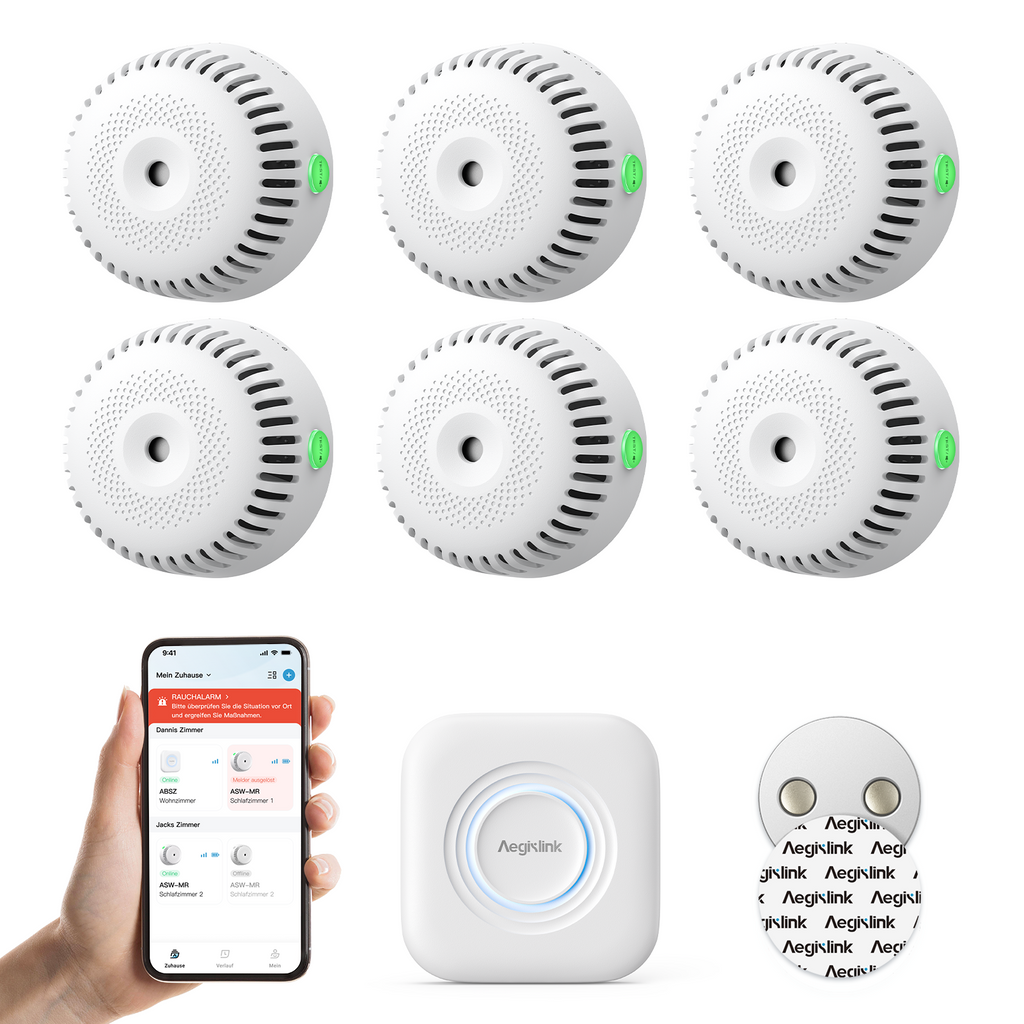 AEGISLINK Smart Rauchmelder mit Basisstation, Feuermelder mit Magnethalterung, Mini-Design mit 360°-Raucheinlass, Nachtmodus, App-Benachrichtigungen & Freigabefunktion, ASW-MR31