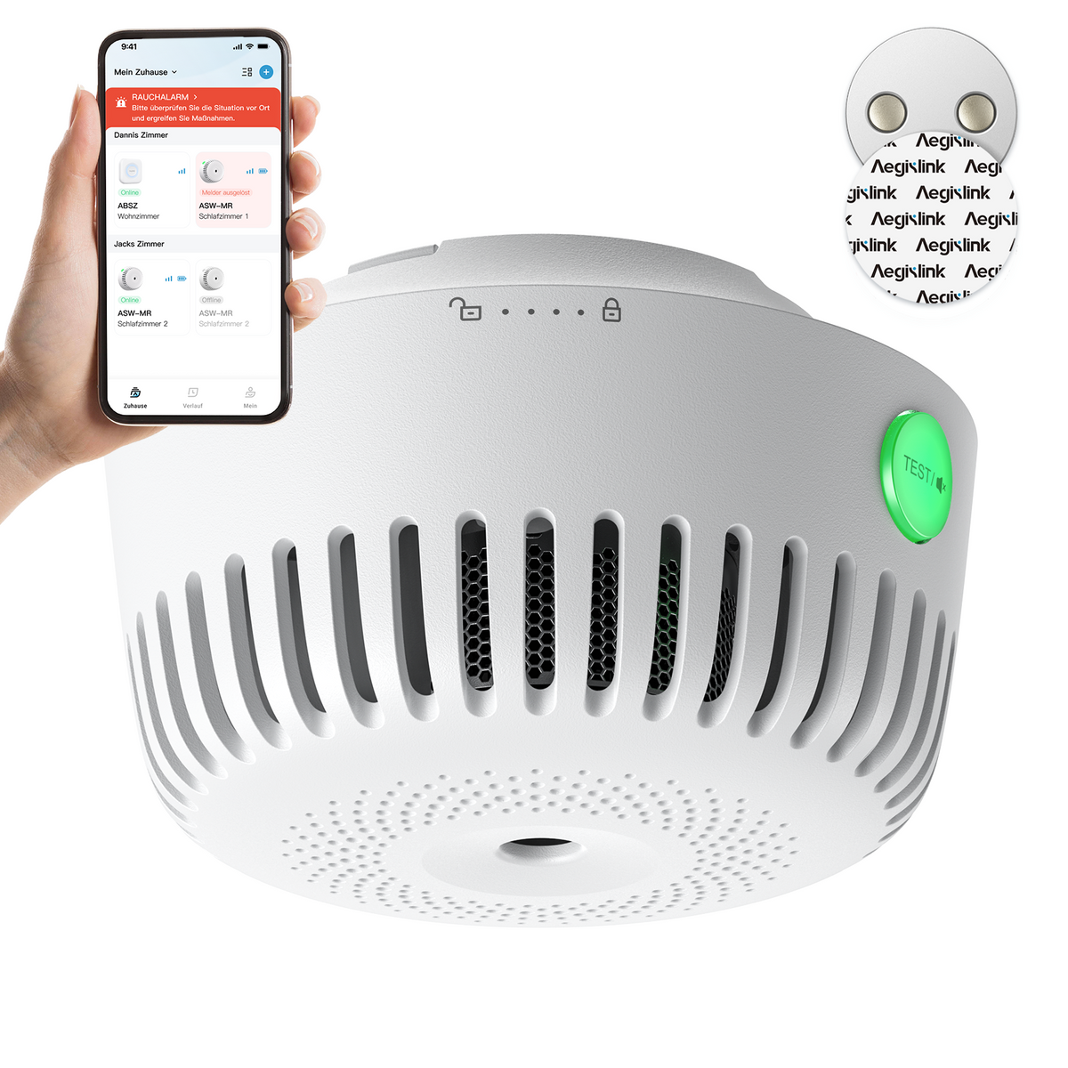 AEGISLINK Smarter Rauchmelder mit Basisstation, Feuermelder mit Magnethalterung, Mini-Design mit 360°-Raucheinlass, Nachtmodus, App-Benachrichtigungen & Freigabefunktion, ASW-MR31