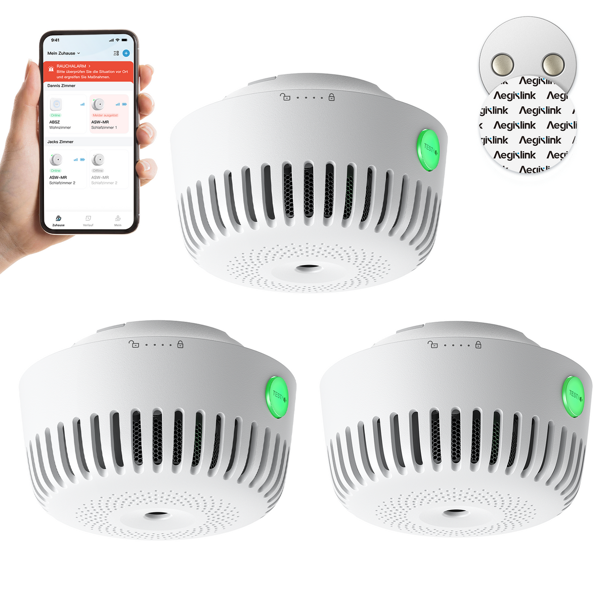 AEGISLINK Smarter Rauchmelder mit Basisstation, Feuermelder mit Magnethalterung, Mini-Design mit 360°-Raucheinlass, Nachtmodus, App-Benachrichtigungen & Freigabefunktion, ASW-MR31
