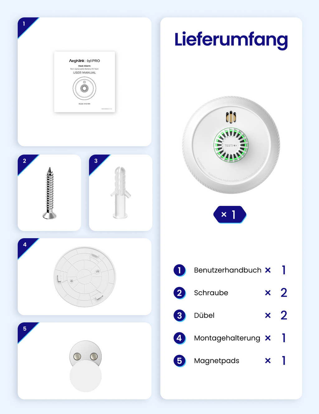 AEGISLINK Smart Hitzemelder mit 54 ℃ Temperatursensor, vernetzbar, Echtzeit-Benachrichtigungen, Teilungsfunktion, App-Funktion erfordert ABSZ-Basisstation, AHZ-MN, 1 Stück