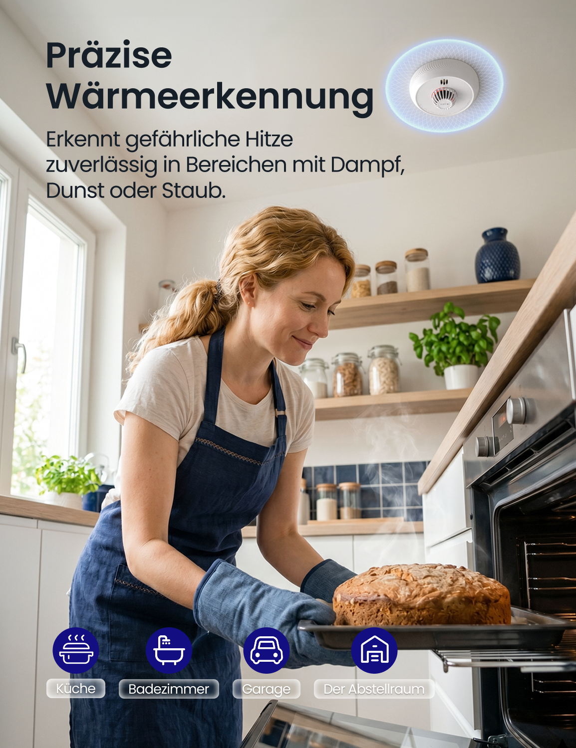 AEGISLINK Eigenständiger Hitzemelder für Küche, Garage und Bad, Alarm bei 54 °C, 10-Jahres-Batterie, große Test-/Stummschalttaste, AHZ-SN, 1 Stück